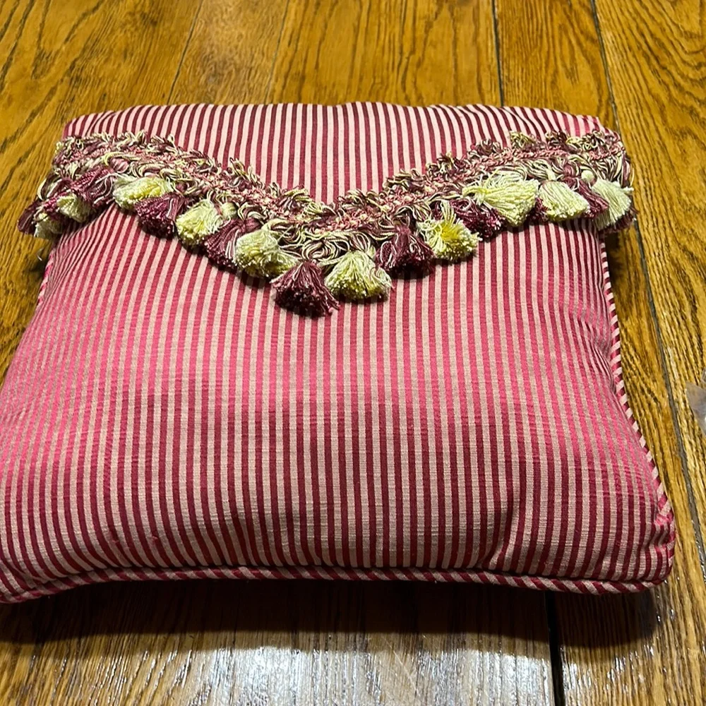 Damask fabric stripe pillow.  Custom made throw pillow.  Maroon & gold.